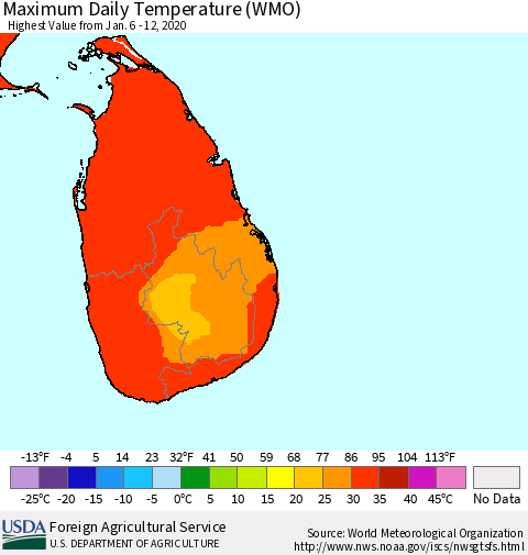 Sri Lanka Extreme Maximum Temperature (WMO) Thematic Map For 1/6/2020 - 1/12/2020