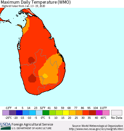 Sri Lanka Extreme Maximum Temperature (WMO) Thematic Map For 1/13/2020 - 1/19/2020