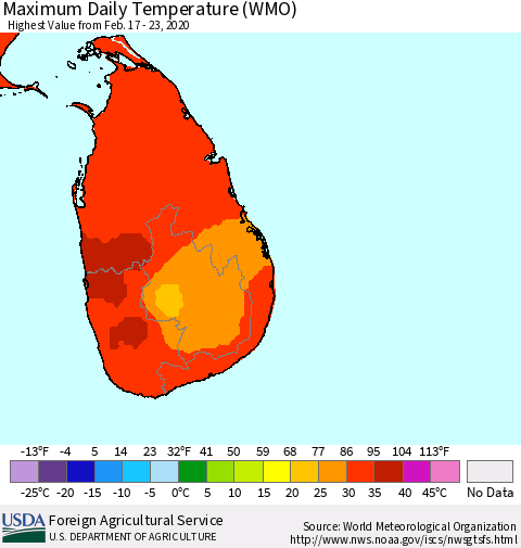 Sri Lanka Extreme Maximum Temperature (WMO) Thematic Map For 2/17/2020 - 2/23/2020