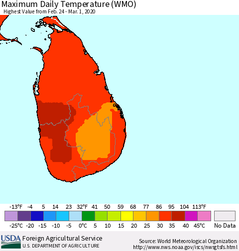 Sri Lanka Extreme Maximum Temperature (WMO) Thematic Map For 2/24/2020 - 3/1/2020