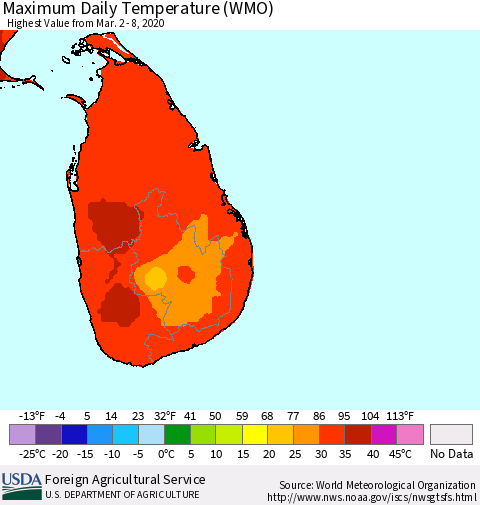 Sri Lanka Extreme Maximum Temperature (WMO) Thematic Map For 3/2/2020 - 3/8/2020