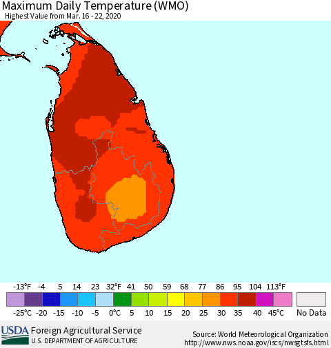 Sri Lanka Extreme Maximum Temperature (WMO) Thematic Map For 3/16/2020 - 3/22/2020
