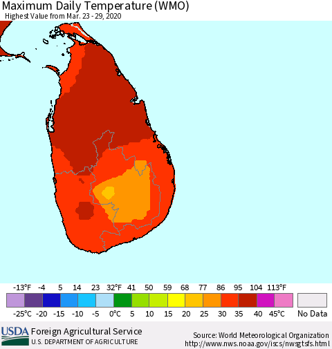 Sri Lanka Maximum Daily Temperature (WMO) Thematic Map For 3/23/2020 - 3/29/2020