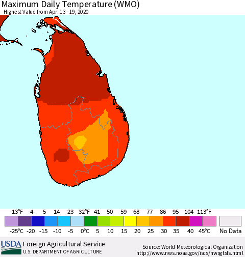 Sri Lanka Maximum Daily Temperature (WMO) Thematic Map For 4/13/2020 - 4/19/2020