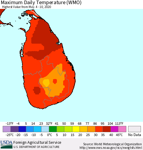 Sri Lanka Maximum Daily Temperature (WMO) Thematic Map For 5/4/2020 - 5/10/2020