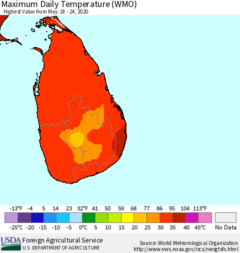 Sri Lanka Extreme Maximum Temperature (WMO) Thematic Map For 5/18/2020 - 5/24/2020