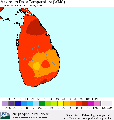 Sri Lanka Maximum Daily Temperature (WMO) Thematic Map For 6/15/2020 - 6/21/2020