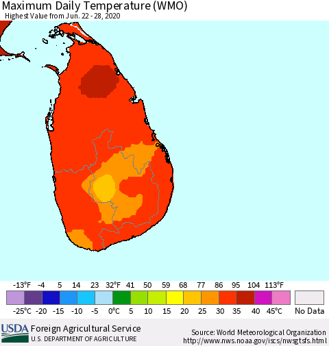 Sri Lanka Maximum Daily Temperature (WMO) Thematic Map For 6/22/2020 - 6/28/2020