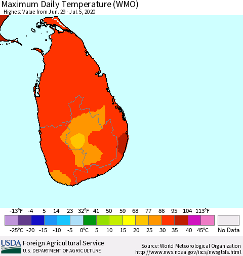 Sri Lanka Extreme Maximum Temperature (WMO) Thematic Map For 6/29/2020 - 7/5/2020