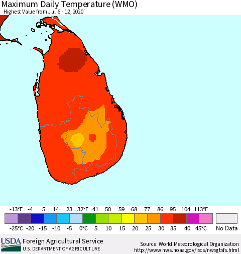 Sri Lanka Maximum Daily Temperature (WMO) Thematic Map For 7/6/2020 - 7/12/2020