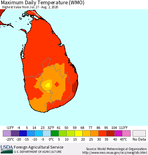 Sri Lanka Extreme Maximum Temperature (WMO) Thematic Map For 7/27/2020 - 8/2/2020