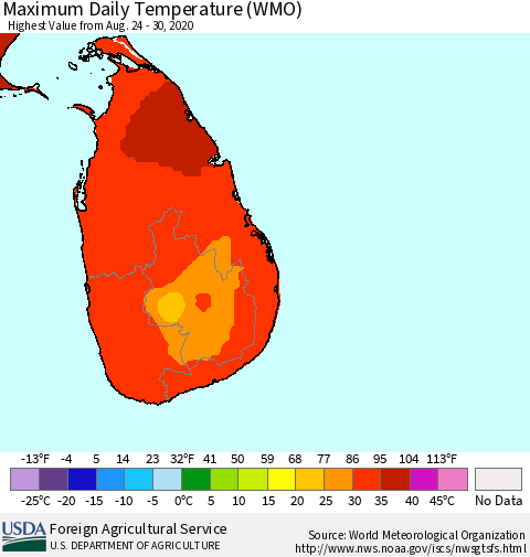 Sri Lanka Extreme Maximum Temperature (WMO) Thematic Map For 8/24/2020 - 8/30/2020