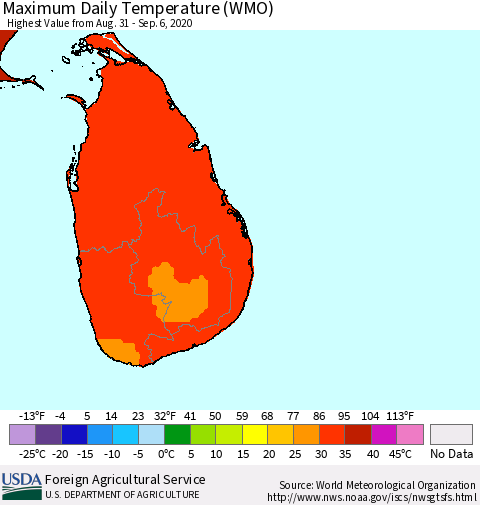 Sri Lanka Maximum Daily Temperature (WMO) Thematic Map For 8/31/2020 - 9/6/2020