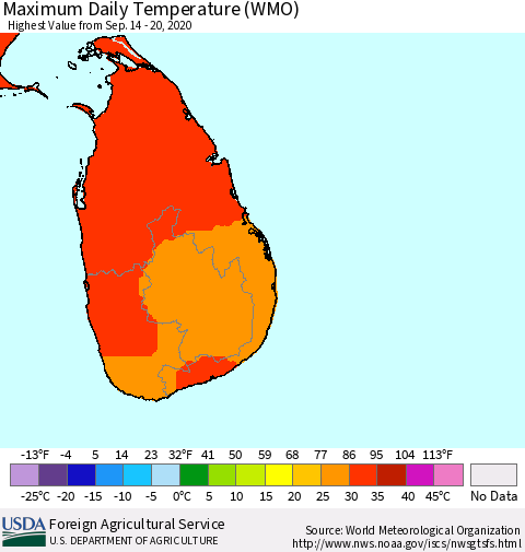 Sri Lanka Extreme Maximum Temperature (WMO) Thematic Map For 9/14/2020 - 9/20/2020