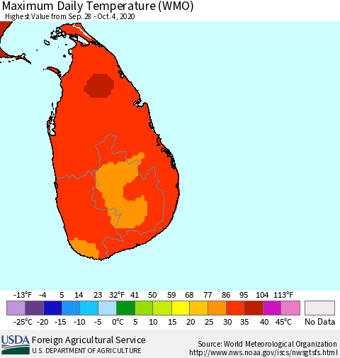 Sri Lanka Maximum Daily Temperature (WMO) Thematic Map For 9/28/2020 - 10/4/2020