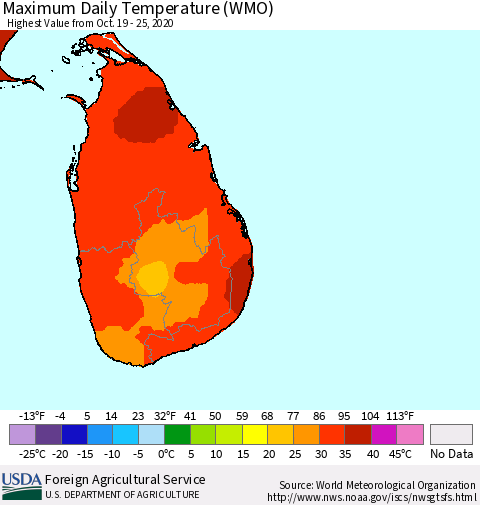Sri Lanka Extreme Maximum Temperature (WMO) Thematic Map For 10/19/2020 - 10/25/2020