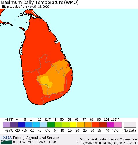 Sri Lanka Extreme Maximum Temperature (WMO) Thematic Map For 11/9/2020 - 11/15/2020