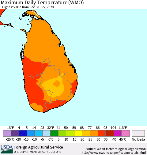 Sri Lanka Extreme Maximum Temperature (WMO) Thematic Map For 12/21/2020 - 12/27/2020