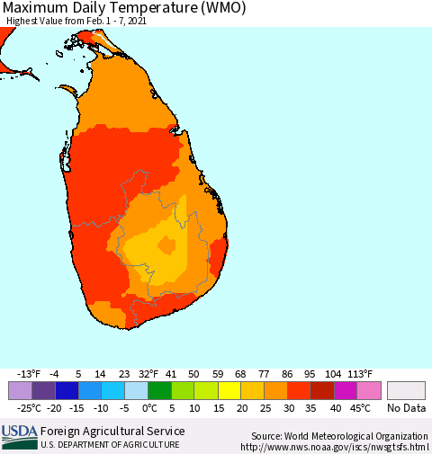 Sri Lanka Extreme Maximum Temperature (WMO) Thematic Map For 2/1/2021 - 2/7/2021
