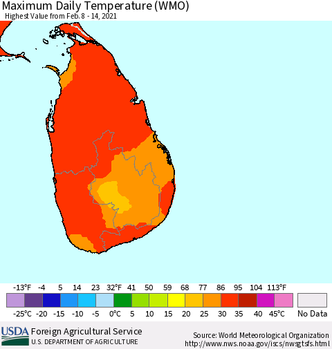 Sri Lanka Extreme Maximum Temperature (WMO) Thematic Map For 2/8/2021 - 2/14/2021