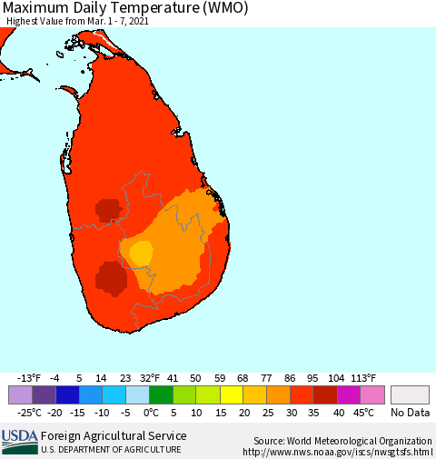 Sri Lanka Extreme Maximum Temperature (WMO) Thematic Map For 3/1/2021 - 3/7/2021