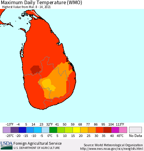 Sri Lanka Maximum Daily Temperature (WMO) Thematic Map For 3/8/2021 - 3/14/2021