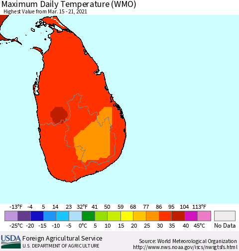 Sri Lanka Maximum Daily Temperature (WMO) Thematic Map For 3/15/2021 - 3/21/2021