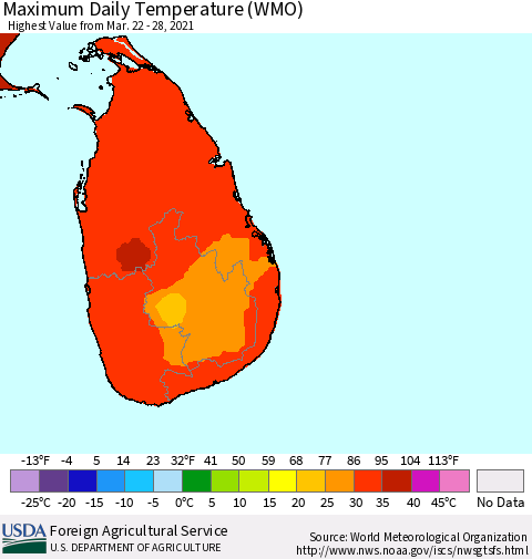 Sri Lanka Extreme Maximum Temperature (WMO) Thematic Map For 3/22/2021 - 3/28/2021