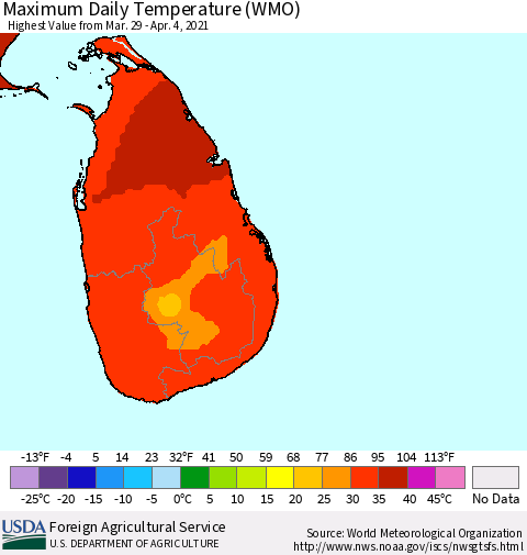 Sri Lanka Maximum Daily Temperature (WMO) Thematic Map For 3/29/2021 - 4/4/2021