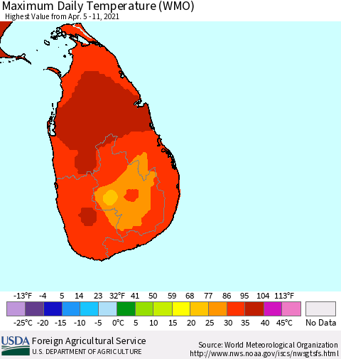 Sri Lanka Extreme Maximum Temperature (WMO) Thematic Map For 4/5/2021 - 4/11/2021