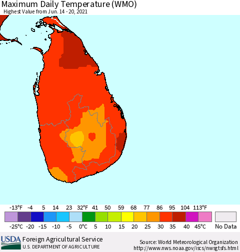 Sri Lanka Extreme Maximum Temperature (WMO) Thematic Map For 6/14/2021 - 6/20/2021