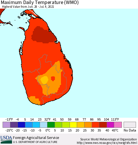 Sri Lanka Extreme Maximum Temperature (WMO) Thematic Map For 6/28/2021 - 7/4/2021