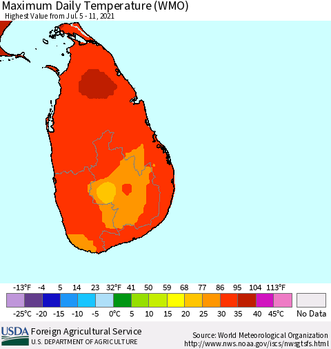 Sri Lanka Extreme Maximum Temperature (WMO) Thematic Map For 7/5/2021 - 7/11/2021