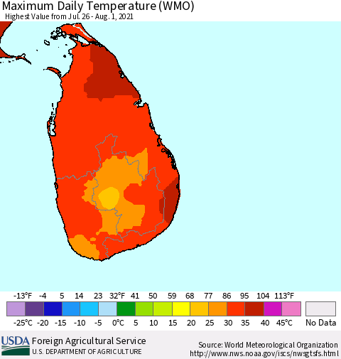 Sri Lanka Extreme Maximum Temperature (WMO) Thematic Map For 7/26/2021 - 8/1/2021