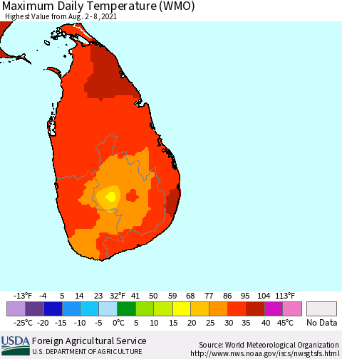 Sri Lanka Maximum Daily Temperature (WMO) Thematic Map For 8/2/2021 - 8/8/2021