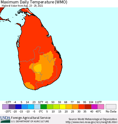 Sri Lanka Maximum Daily Temperature (WMO) Thematic Map For 8/23/2021 - 8/29/2021