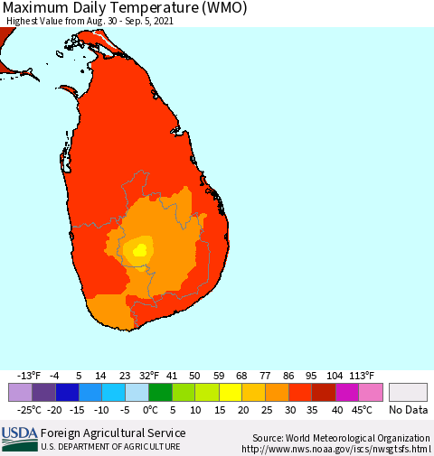 Sri Lanka Extreme Maximum Temperature (WMO) Thematic Map For 8/30/2021 - 9/5/2021