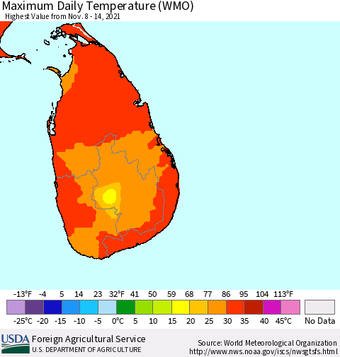 Sri Lanka Maximum Daily Temperature (WMO) Thematic Map For 11/8/2021 - 11/14/2021