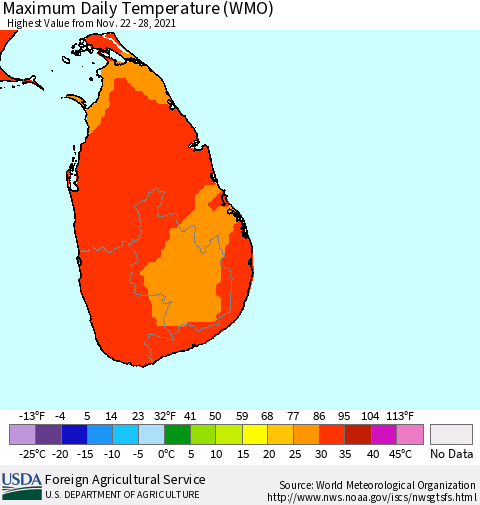 Sri Lanka Extreme Maximum Temperature (WMO) Thematic Map For 11/22/2021 - 11/28/2021