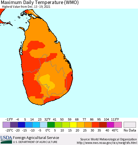 Sri Lanka Extreme Maximum Temperature (WMO) Thematic Map For 12/13/2021 - 12/19/2021