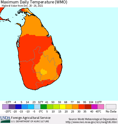 Sri Lanka Extreme Maximum Temperature (WMO) Thematic Map For 12/20/2021 - 12/26/2021