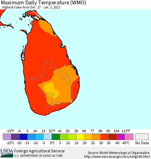 Sri Lanka Extreme Maximum Temperature (WMO) Thematic Map For 12/27/2021 - 1/2/2022