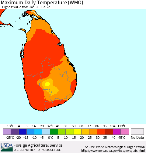 Sri Lanka Extreme Maximum Temperature (WMO) Thematic Map For 1/3/2022 - 1/9/2022