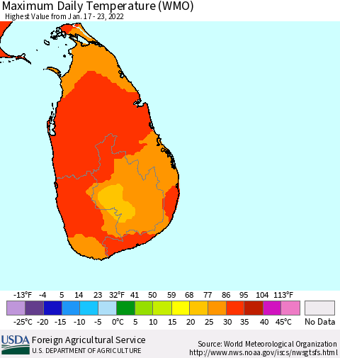 Sri Lanka Maximum Daily Temperature (WMO) Thematic Map For 1/17/2022 - 1/23/2022
