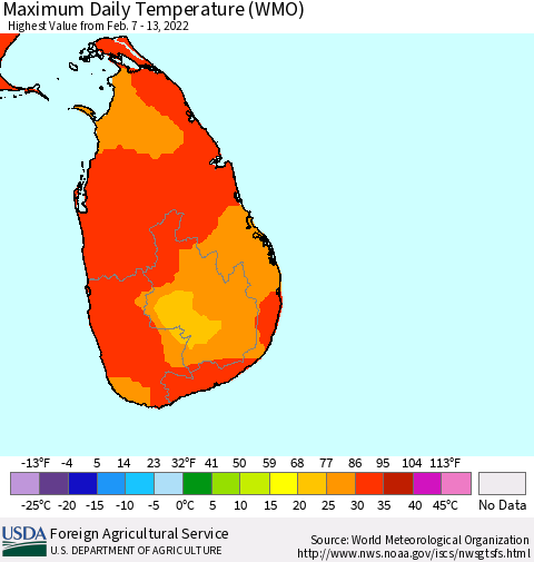 Sri Lanka Maximum Daily Temperature (WMO) Thematic Map For 2/7/2022 - 2/13/2022