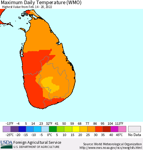 Sri Lanka Maximum Daily Temperature (WMO) Thematic Map For 2/14/2022 - 2/20/2022