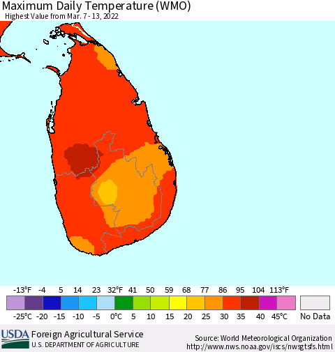Sri Lanka Maximum Daily Temperature (WMO) Thematic Map For 3/7/2022 - 3/13/2022