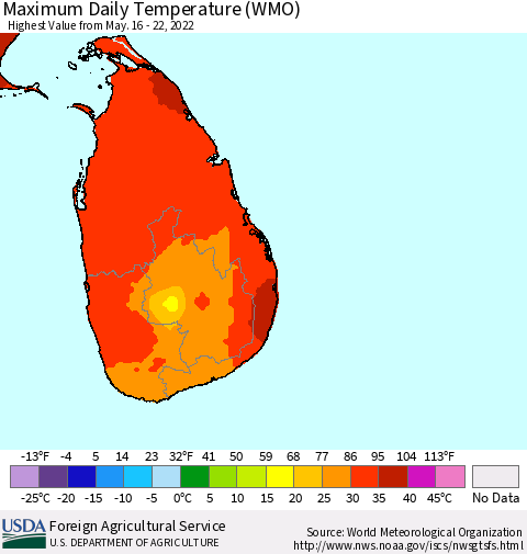 Sri Lanka Maximum Daily Temperature (WMO) Thematic Map For 5/16/2022 - 5/22/2022