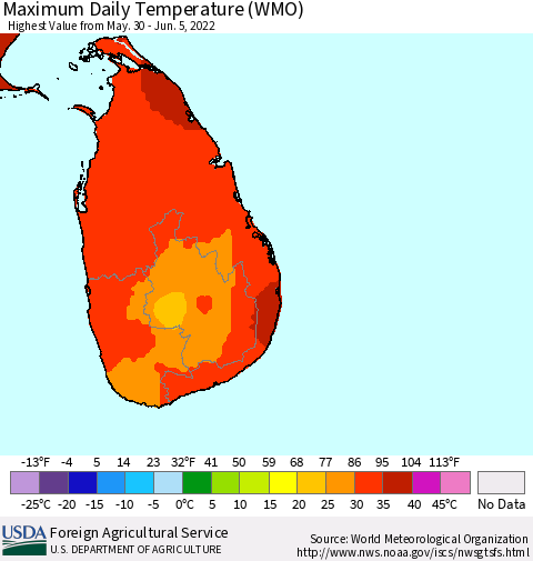 Sri Lanka Maximum Daily Temperature (WMO) Thematic Map For 5/30/2022 - 6/5/2022