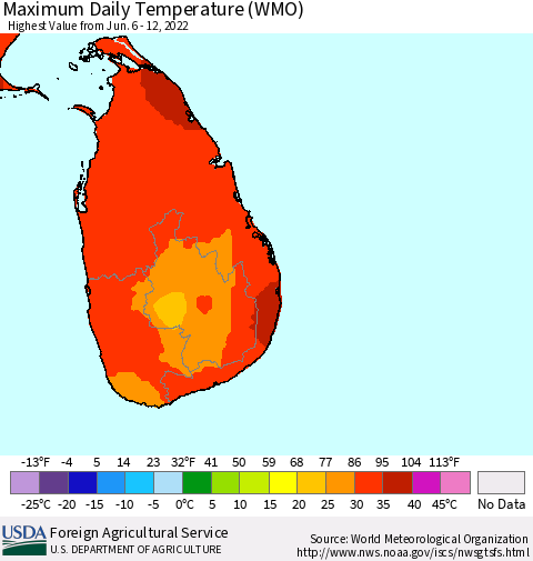 Sri Lanka Extreme Maximum Temperature (WMO) Thematic Map For 6/6/2022 - 6/12/2022